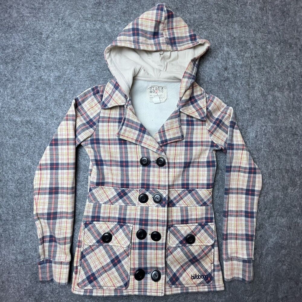 Billabong Jacket Womens Small Hoodie Sweatshirt Plaid Peacoat Cozy Double Button